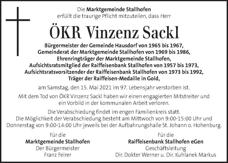  Traueranzeige für Vinzenz Sackl vom 19.05.2021 aus Kleine Zeitung