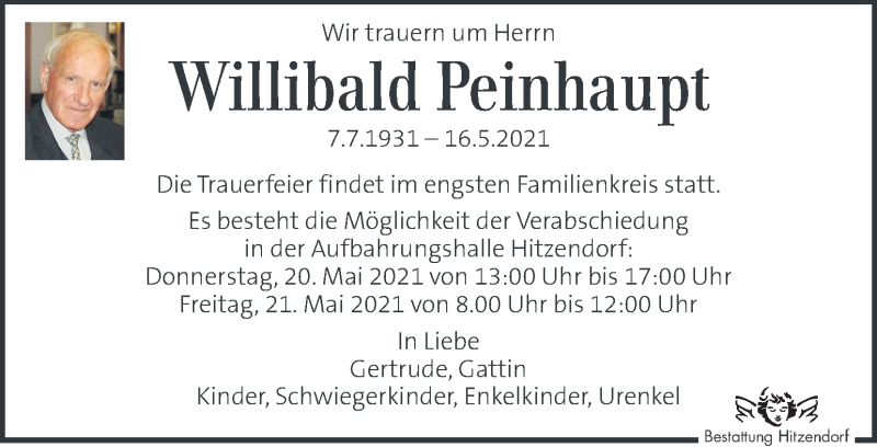  Traueranzeige für Willibald Peinhaupt vom 19.05.2021 aus Kleine Zeitung