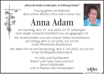 Traueranzeige von Anna Adam von Kleine Zeitung