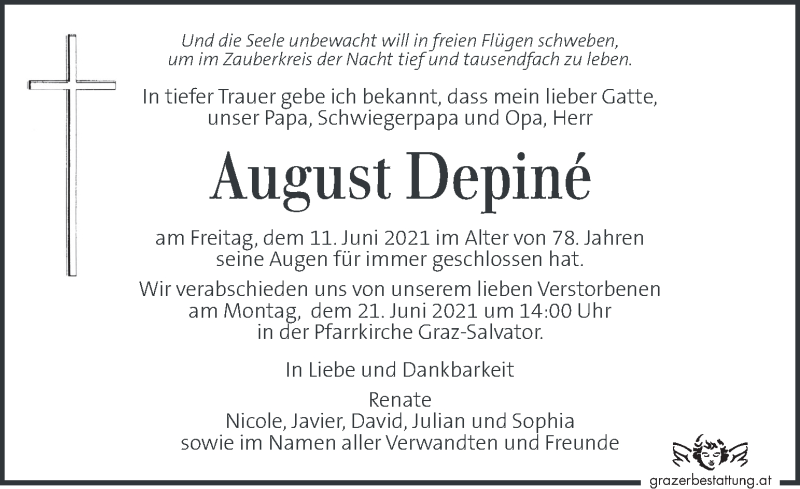  Traueranzeige für August Depiné vom 18.06.2021 aus Kleine Zeitung
