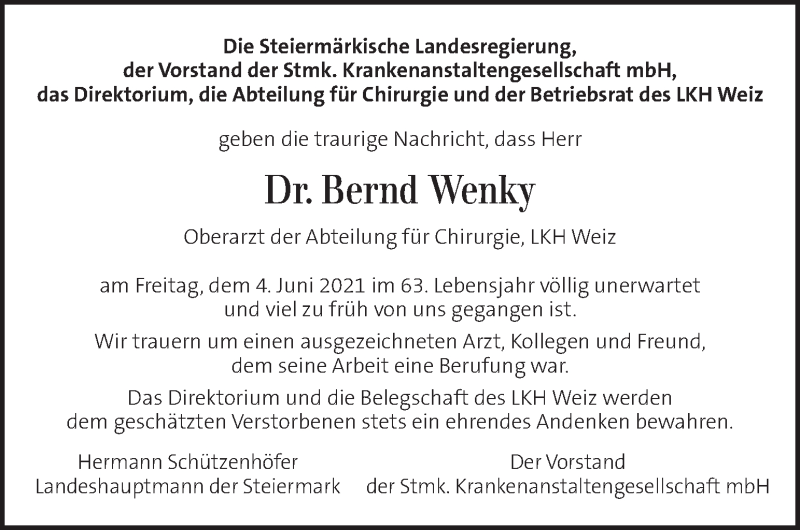  Traueranzeige für Bernd Wenky vom 09.06.2021 aus Kleine Zeitung