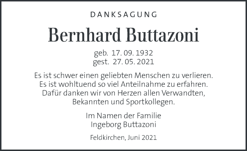  Traueranzeige für Bernhard Buttazoni vom 17.06.2021 aus Kleine Zeitung