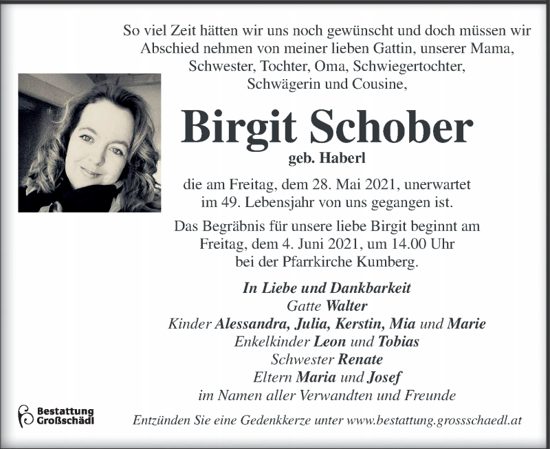  Traueranzeige für Birgit Schober vom 02.06.2021 aus Kleine Zeitung