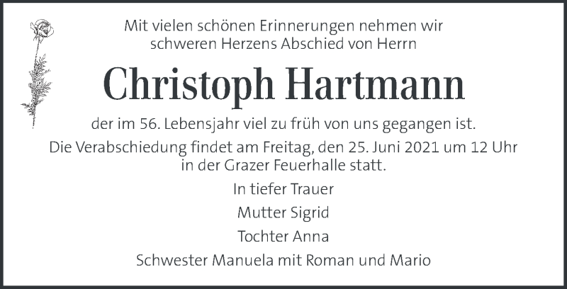  Traueranzeige für Christoph Hartmann vom 22.06.2021 aus Kleine Zeitung
