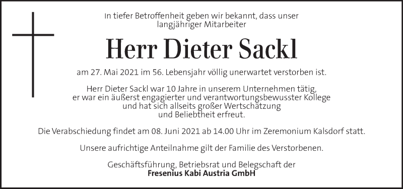  Traueranzeige für Dieter Sackl vom 05.06.2021 aus Kleine Zeitung