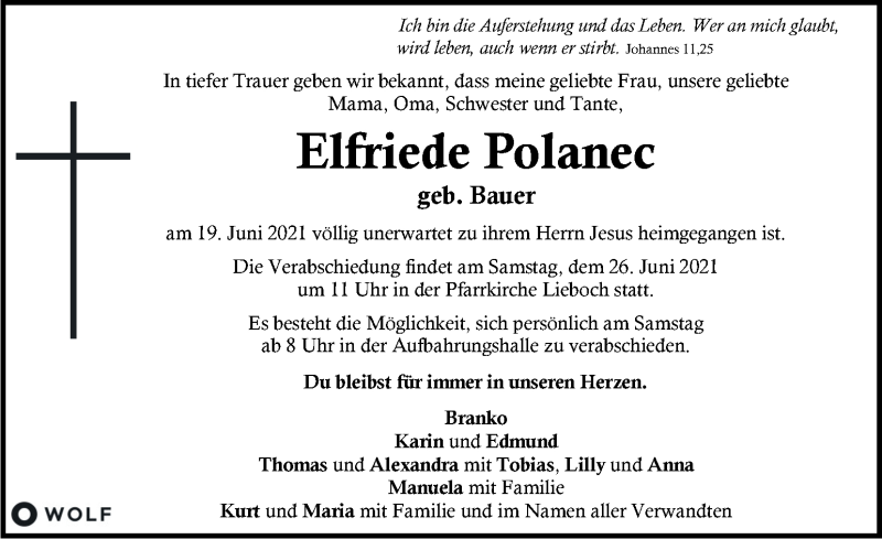  Traueranzeige für Elfriede Polanec vom 23.06.2021 aus Kleine Zeitung