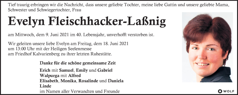  Traueranzeige für Evelyn Fleischhacker-Laßnig vom 13.06.2021 aus Kleine Zeitung