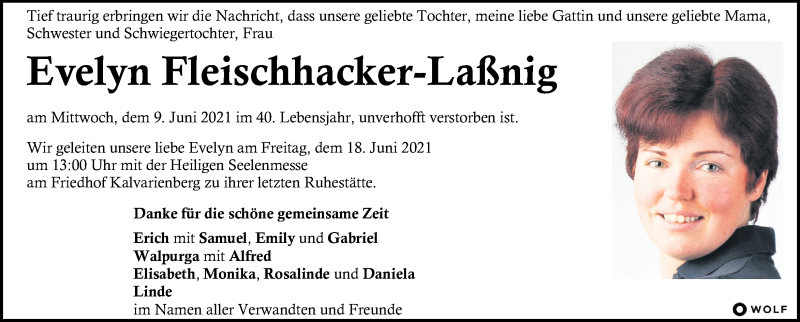  Traueranzeige für Evelyn Fleischhacker-Laßnig vom 13.06.2021 aus Kleine Zeitung