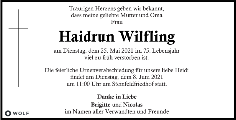  Traueranzeige für Haidrun Wilfling vom 03.06.2021 aus Kleine Zeitung