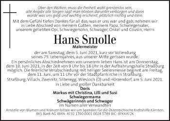 Traueranzeige von Hans Smolle von Kleine Zeitung