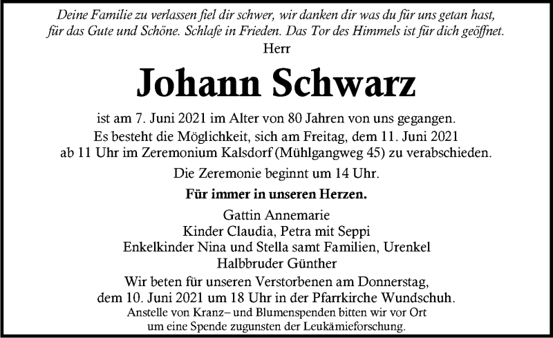  Traueranzeige für Johann Schwarz vom 09.06.2021 aus Kleine Zeitung