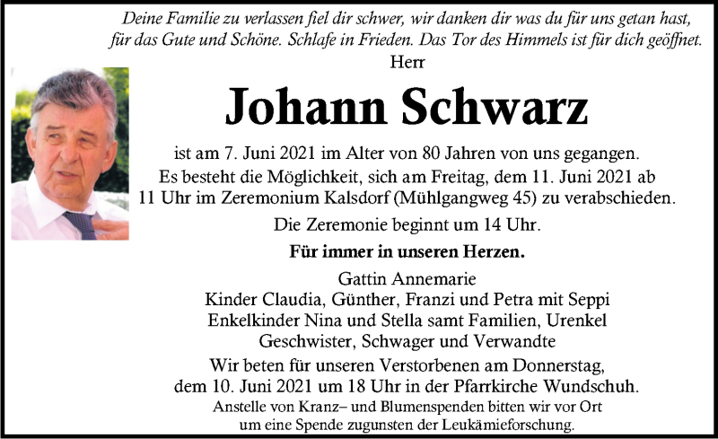  Traueranzeige für Johann Schwarz vom 10.06.2021 aus Kleine Zeitung