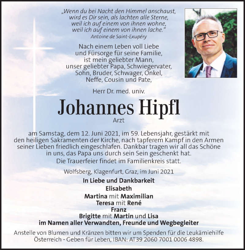  Traueranzeige für Johannes Hipfl vom 17.06.2021 aus Kleine Zeitung