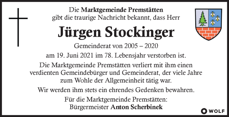  Traueranzeige für Jürgen Stockinger vom 22.06.2021 aus Kleine Zeitung