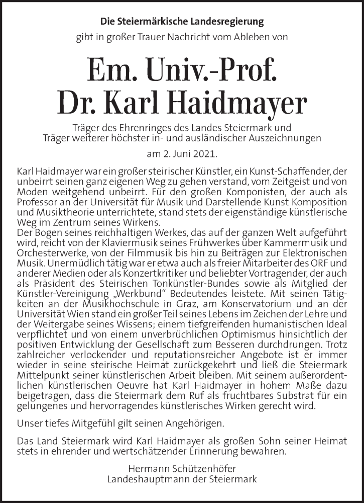  Traueranzeige für Karl Haidmayer vom 09.06.2021 aus Kleine Zeitung