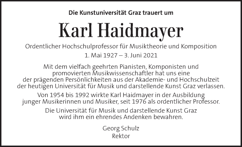  Traueranzeige für Karl Haidmayer vom 10.06.2021 aus Kleine Zeitung