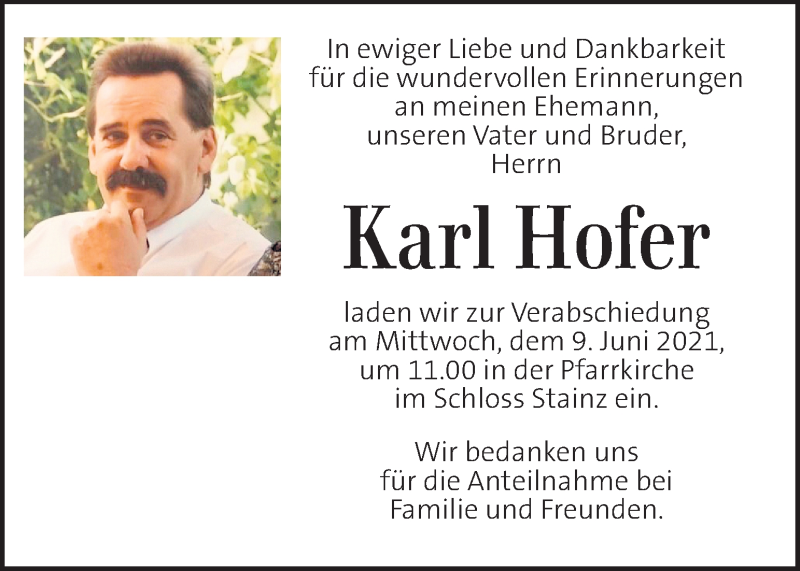  Traueranzeige für Karl Hofer vom 08.06.2021 aus Kleine Zeitung
