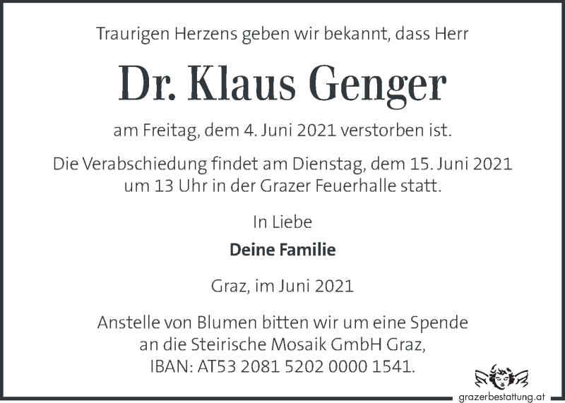  Traueranzeige für Klaus Genger vom 12.06.2021 aus Kleine Zeitung