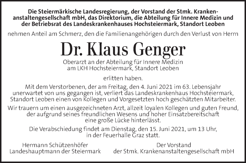 Traueranzeige für Klaus Genger vom 12.06.2021 aus Kleine Zeitung