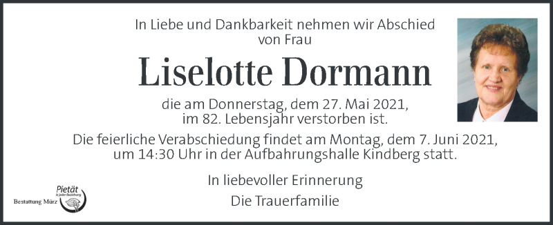  Traueranzeige für Liselotte Dormann vom 02.06.2021 aus Kleine Zeitung