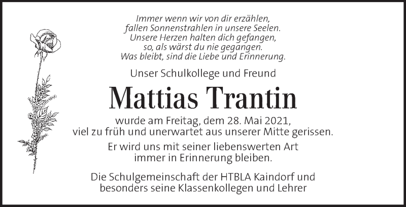  Traueranzeige für Mattias Trantin vom 06.06.2021 aus Kleine Zeitung