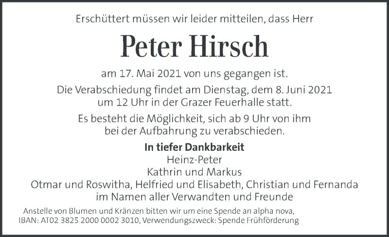  Traueranzeige für Peter Hirsch vom 02.06.2021 aus Kleine Zeitung