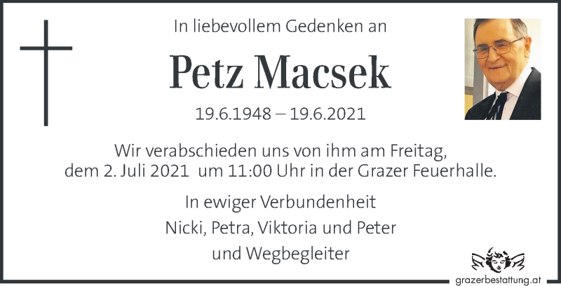  Traueranzeige für Petz Macsek vom 27.06.2021 aus Kleine Zeitung