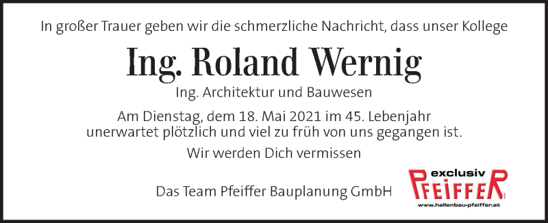  Traueranzeige für Roland Wernig vom 02.06.2021 aus Kleine Zeitung
