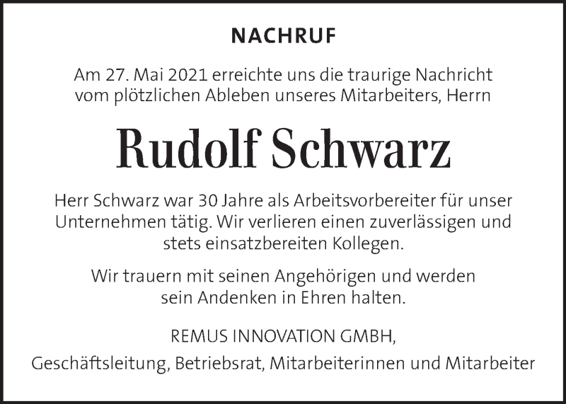  Traueranzeige für Rudolf Schwarz vom 02.06.2021 aus Kleine Zeitung