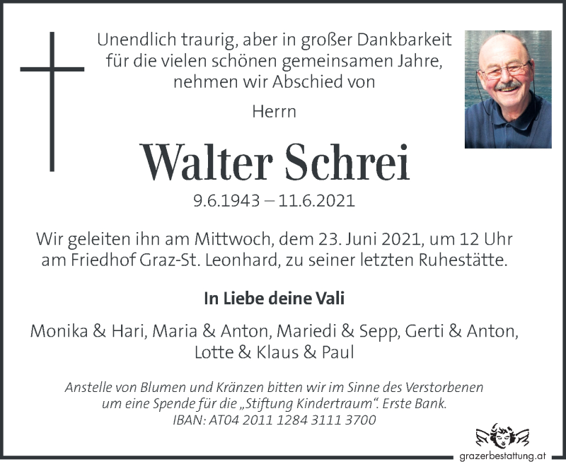  Traueranzeige für Walter Schrei vom 18.06.2021 aus Kleine Zeitung