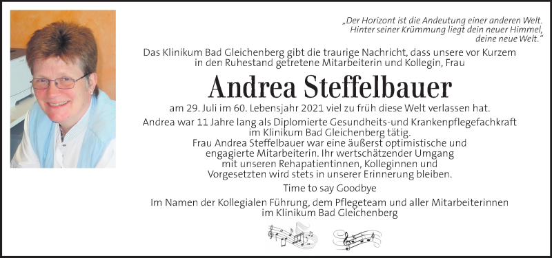  Traueranzeige für Andrea Steffelbauer vom 01.08.2021 aus Kleine Zeitung