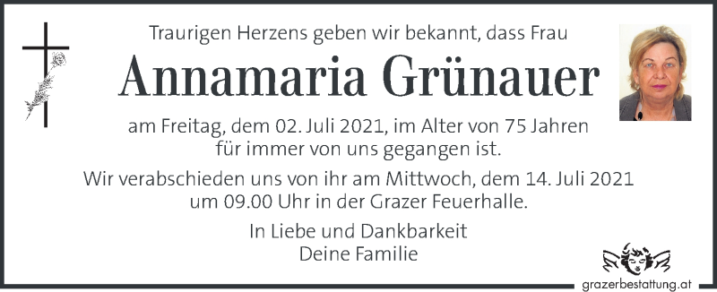  Traueranzeige für Annamaria Grünauer vom 11.07.2021 aus Kleine Zeitung