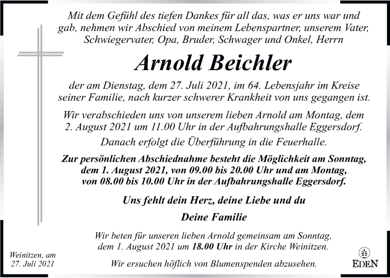  Traueranzeige für Arnold Beichler vom 31.07.2021 aus Kleine Zeitung