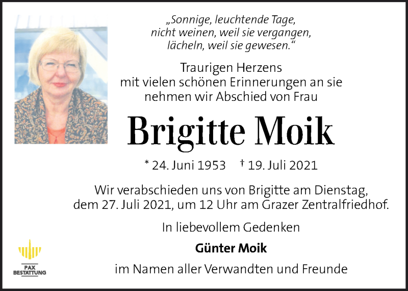  Traueranzeige für Brigitte Moik vom 25.07.2021 aus Kleine Zeitung