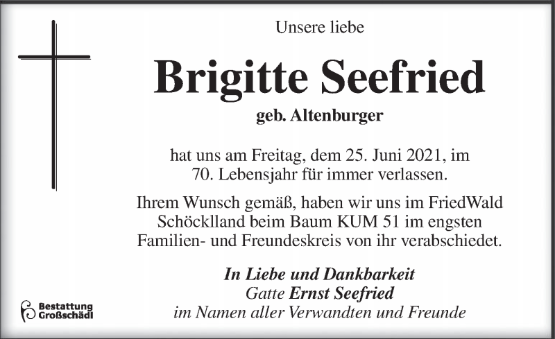  Traueranzeige für Brigitte Seefried vom 15.07.2021 aus Kleine Zeitung