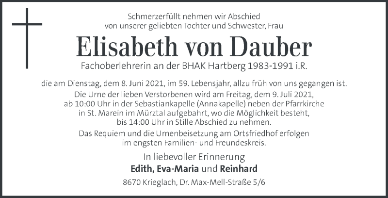  Traueranzeige für Elisabeth von Dauber vom 03.07.2021 aus Kleine Zeitung