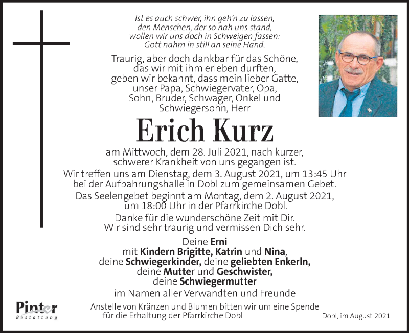  Traueranzeige für Erich Kurz vom 31.07.2021 aus Kleine Zeitung