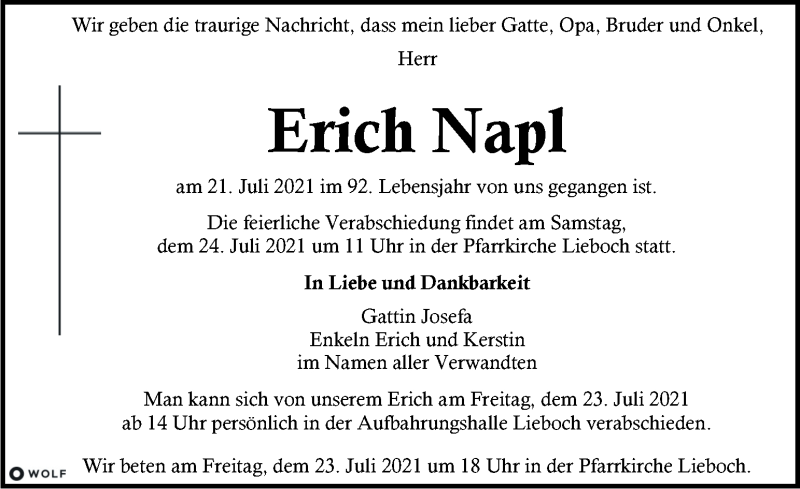  Traueranzeige für Erich Napl vom 23.07.2021 aus Kleine Zeitung