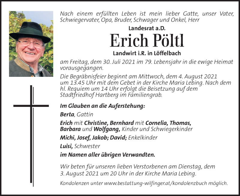  Traueranzeige für Erich Pöltl vom 01.08.2021 aus Kleine Zeitung