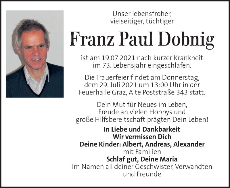  Traueranzeige für Franz Paul Dobnig  vom 25.07.2021 aus Kleine Zeitung
