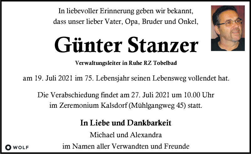  Traueranzeige für Günter Stanzer  vom 25.07.2021 aus Kleine Zeitung