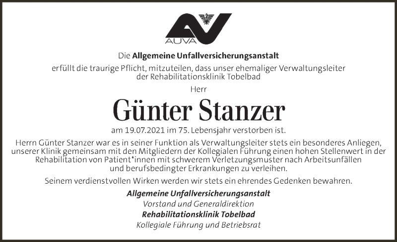  Traueranzeige für Günter Stanzer  vom 23.07.2021 aus Kleine Zeitung