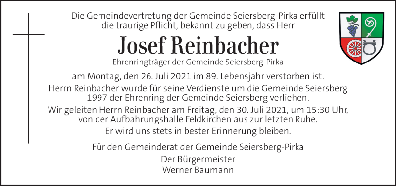  Traueranzeige für Josef Reinbacher vom 29.07.2021 aus Kleine Zeitung