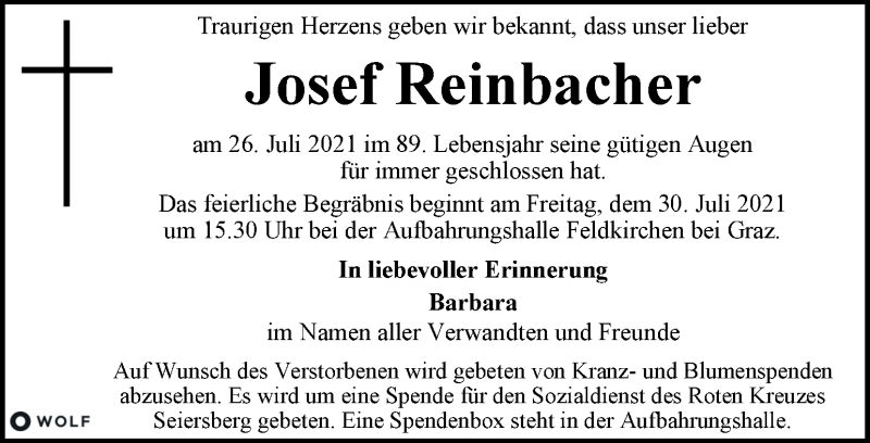  Traueranzeige für Josef Reinbacher vom 28.07.2021 aus Kleine Zeitung