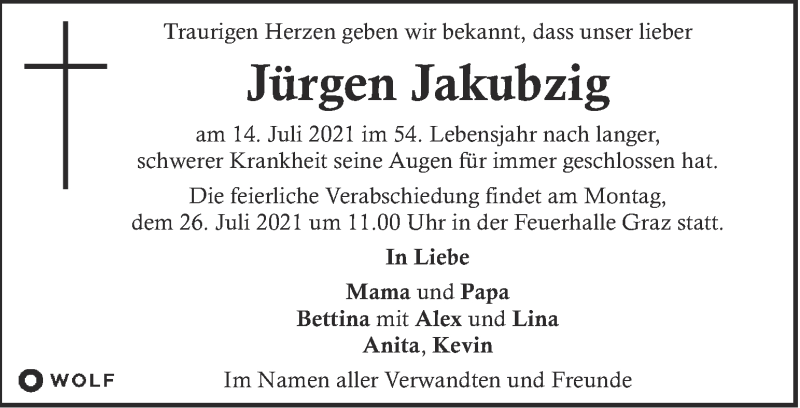  Traueranzeige für Jürgen Jakubzig vom 21.07.2021 aus Kleine Zeitung