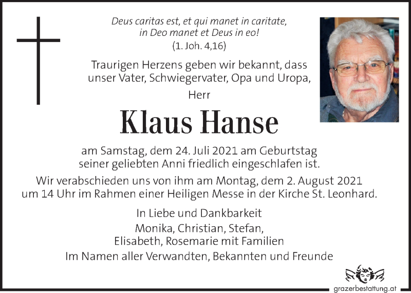  Traueranzeige für Klaus Hanse vom 28.07.2021 aus Kleine Zeitung