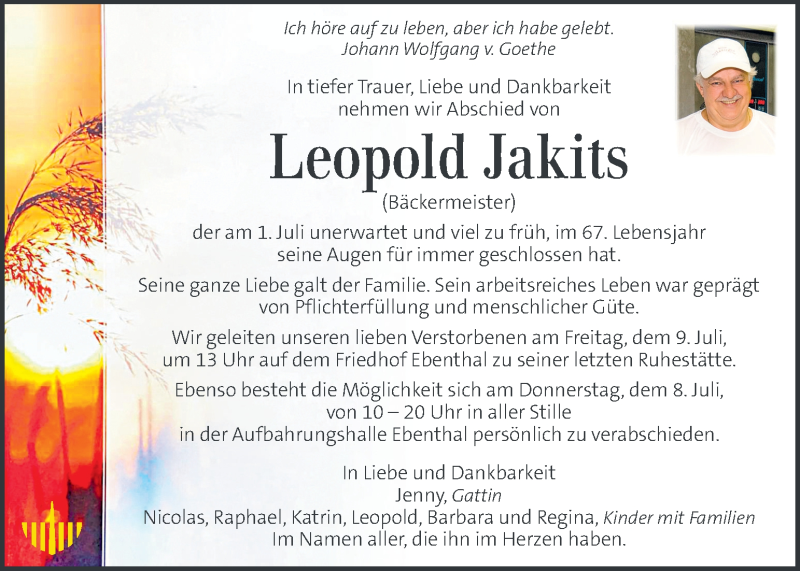  Traueranzeige für Leopold Jakits vom 06.07.2021 aus Kleine Zeitung