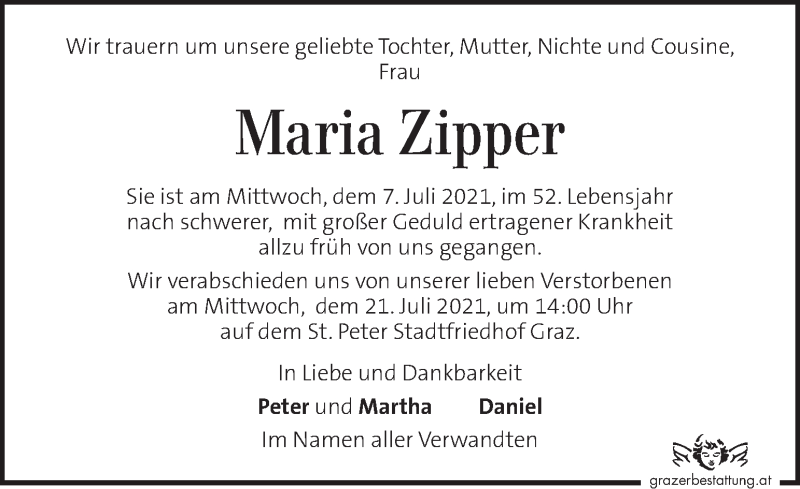  Traueranzeige für Maria Zipper vom 14.07.2021 aus Kleine Zeitung