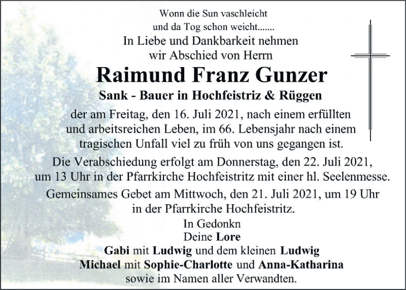  Traueranzeige für Raimund Franz Gunzer vom 20.07.2021 aus Kleine Zeitung