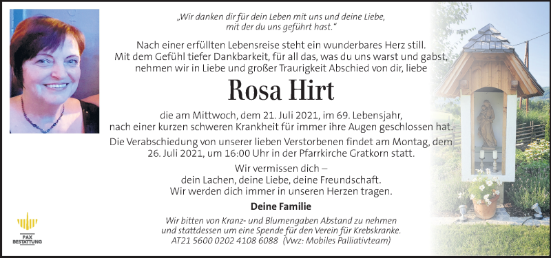  Traueranzeige für Rosa Hirt vom 24.07.2021 aus Kleine Zeitung